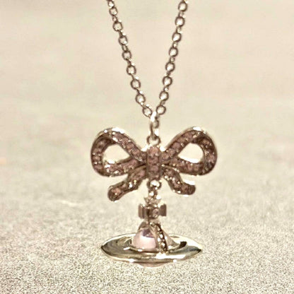 Vivienne Westwood Drop Ribbon Small Orb Necklace Silver Pink Crystal 40-45cm