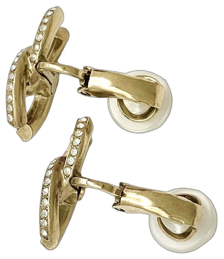 CHANEL CC Logo Earrings 11P Crystal Rhinestone Double Row Gold Tone Authentic
