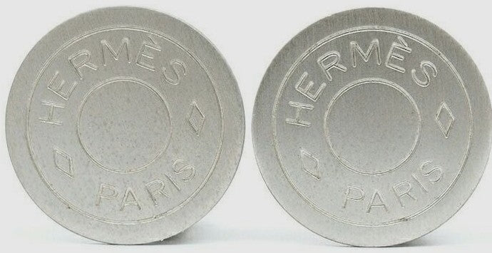 Hermes Serie Clip-On Earrings Silver Color Metal Round Coin Authentic Paris Used