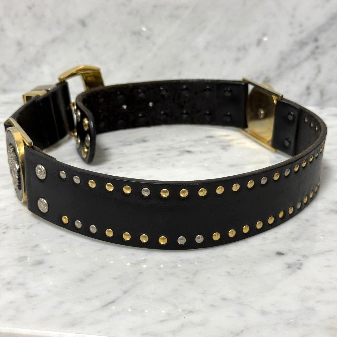 Gianni Versace Medusa Stud Black Leather Belt Gold Silver HW 120cm 47.2in Auth