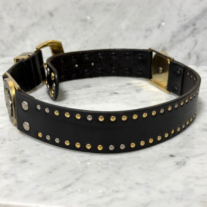 Gianni Versace Medusa Stud Black Leather Belt Gold Silver HW 120cm 47.2in Auth