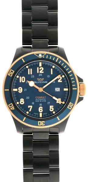 Glycine Combat Sub Automatic GL0279 Men's Watch Blue Dial PVD SS Swiss Made
