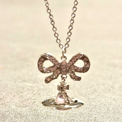 Vivienne Westwood Drop Ribbon Small Orb Necklace Silver Pink Crystal 40-45cm