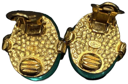 CHANEL Vintage Clip-On Earrings Green Gold Logo Ring Resin Authentic Used