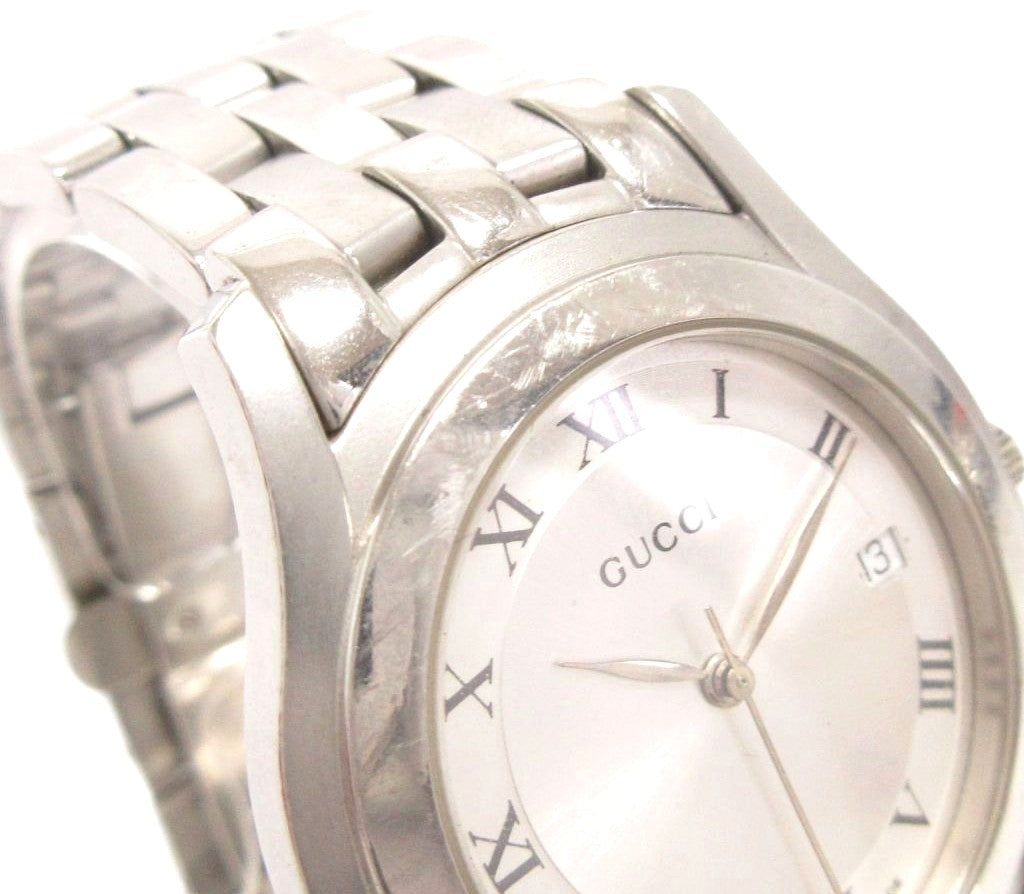Gucci 5500M Quartz Analog Date Watch Silver Dial Stainless Steel Swiss Made Used