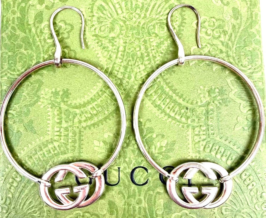 GUCCI Interlocking G Hoop Earrings Silver SV925 5.5cm(2.2") New Unused Japan