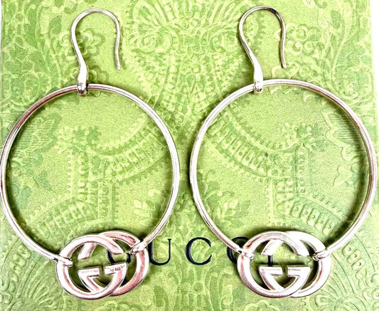 GUCCI Interlocking G Hoop Earrings Silver SV925 5.5cm(2.2") New Unused Japan