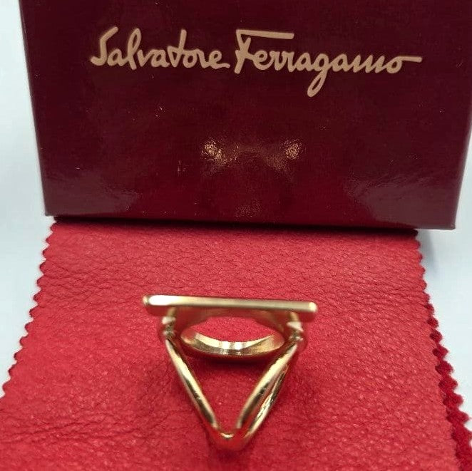 Salvatore Ferragamo Gancini Scarf Ring Gold Tone Metal Italy Excellent