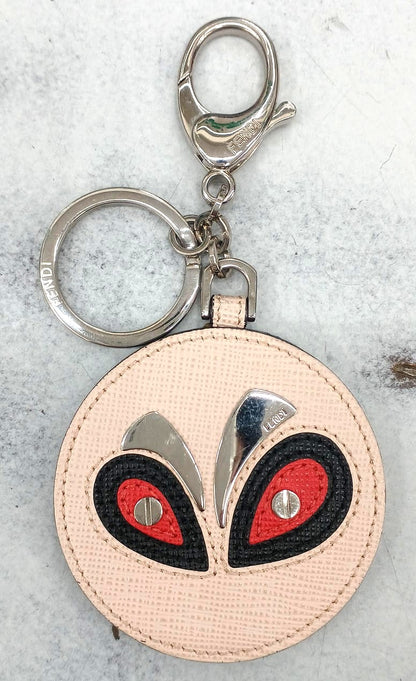 FENDI Monster Eyes Bag Charm Keyring Pink Saffiano Leather Silver HW Italy