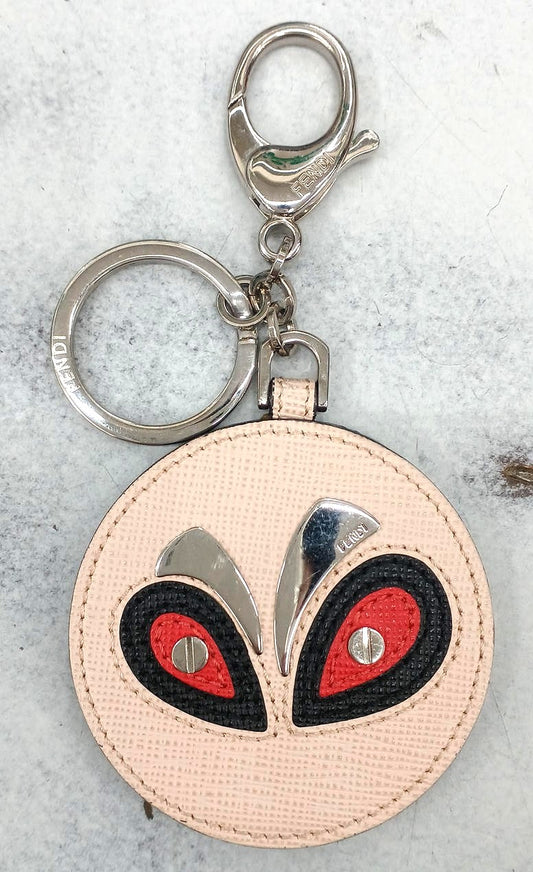 FENDI Monster Eyes Bag Charm Keyring Pink Saffiano Leather Silver HW Italy
