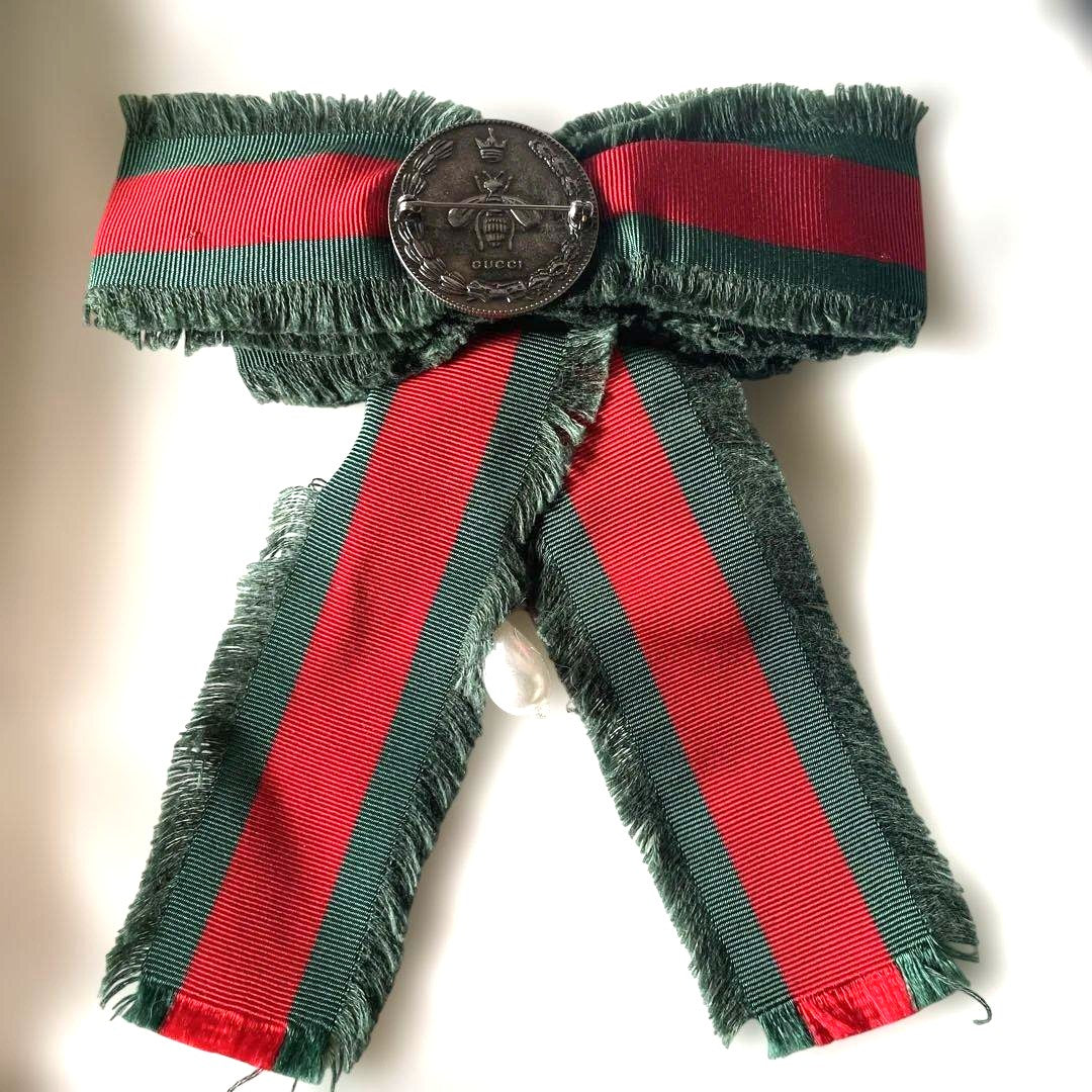 GUCCI Web Ribbon Bow Brooch Pin Green Red Stripe Silver Crystal Pearl Authentic
