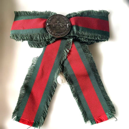 GUCCI Web Ribbon Bow Brooch Pin Green Red Stripe Silver Crystal Pearl Authentic
