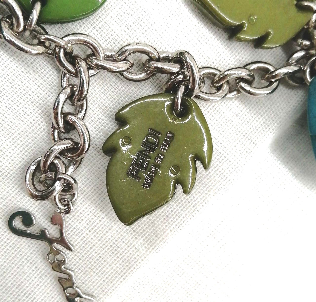 FENDI Leaf Acorn Charm Bracelet Multicolor Resin Silver Tone 16cm 6.3in
