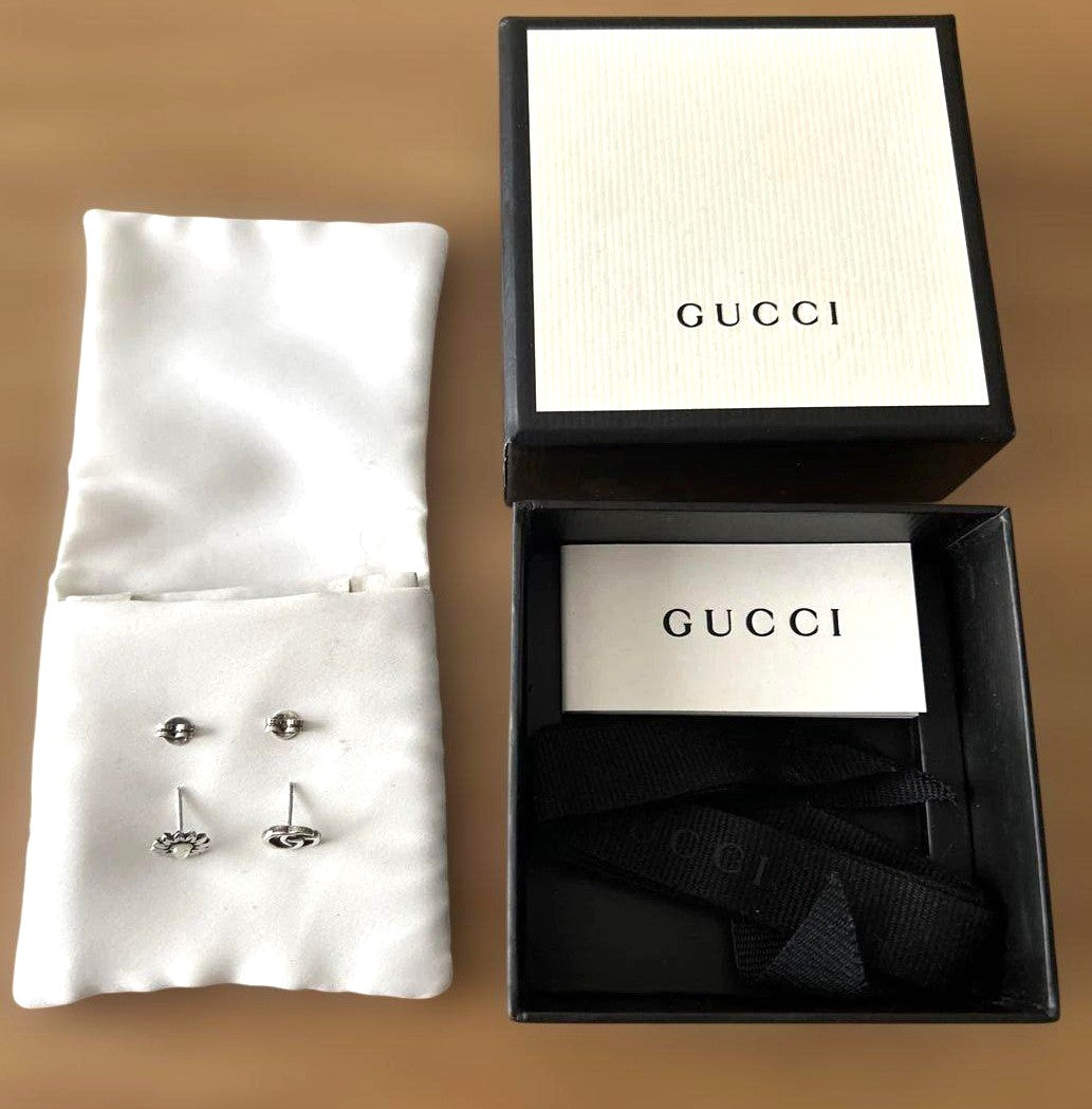 GUCCI Double G GG Marmont Flower Mismatch Stud Earrings Silver 925 Authentic