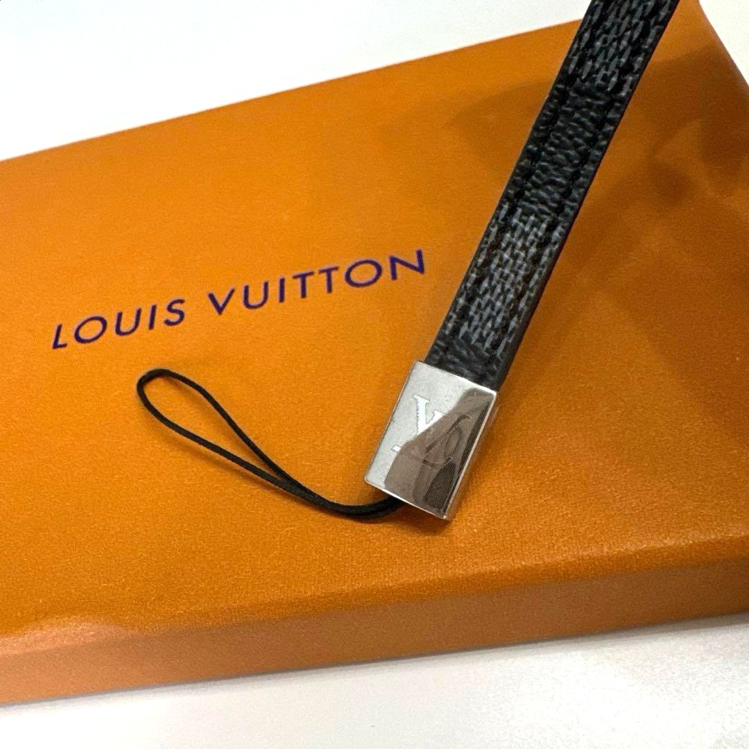 Louis Vuitton Damier Graphite Phone Key Ring Strap Silver LV Logo New Authentic