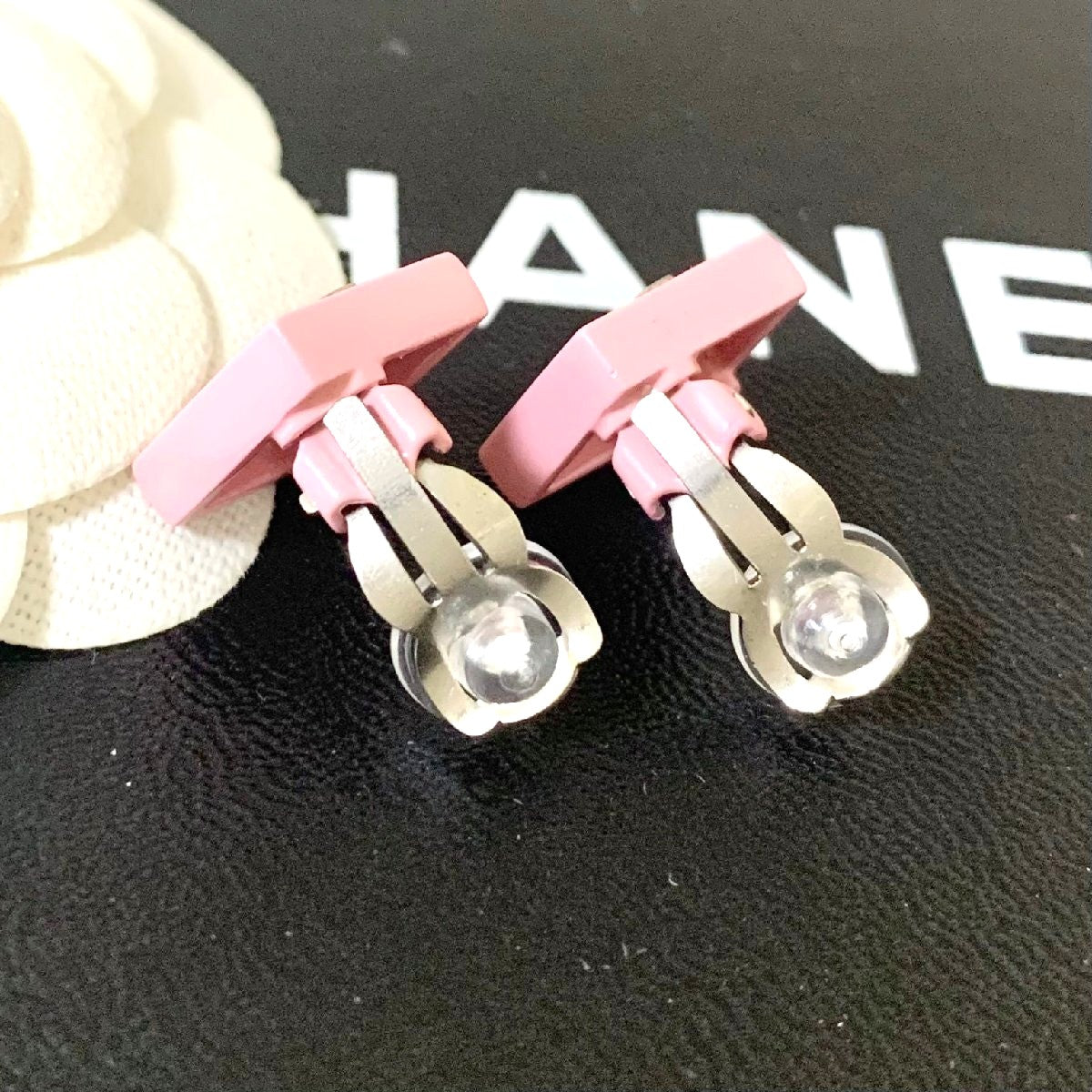 CHANEL CC Logo Earrings Pink Diamond Square Resin Silver Clip-On Authentic