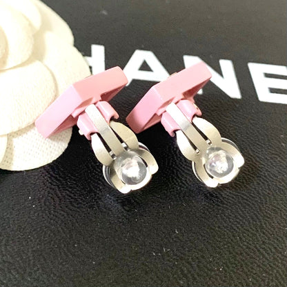 CHANEL CC Logo Earrings Pink Diamond Square Resin Silver Clip-On Authentic