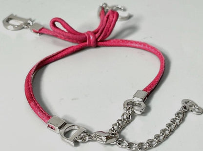 Christian Dior CD Logo Charm Leather Bow Bracelet Pink Silver Tone 6.7-8.7in