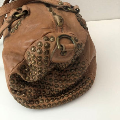 CAMPOMAGGI Studded Leather Boston Bag Camel Tan Italy 2way Vintage Distressed