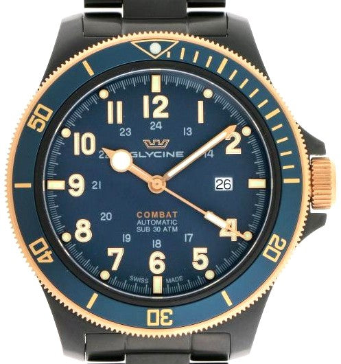 Glycine Combat Sub Automatic GL0279 Men's Watch Blue Dial PVD SS Swiss Made