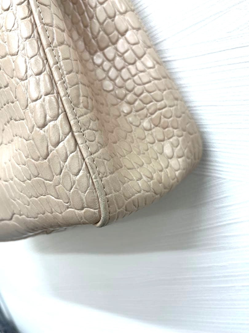 LONGCHAMP Roseau Tote Bag Beige Embossed Leather Shoulder Handbag 13.8x10.2x4.3"
