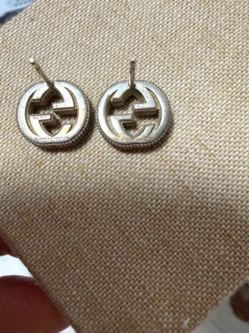 GUCCI Interlocking G Stud Earrings Silver 925 Logo Round Authentic Japan Used