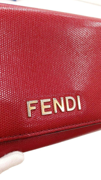 FENDI Long Wallet Bifold Red Leather Logo Gold Hardware 19cm 7.5in Womens