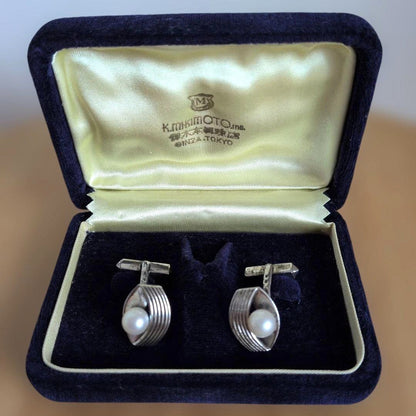 Mikimoto Pearl Silver Tone Cufflinks Vintage Authentic with Original Box Japan