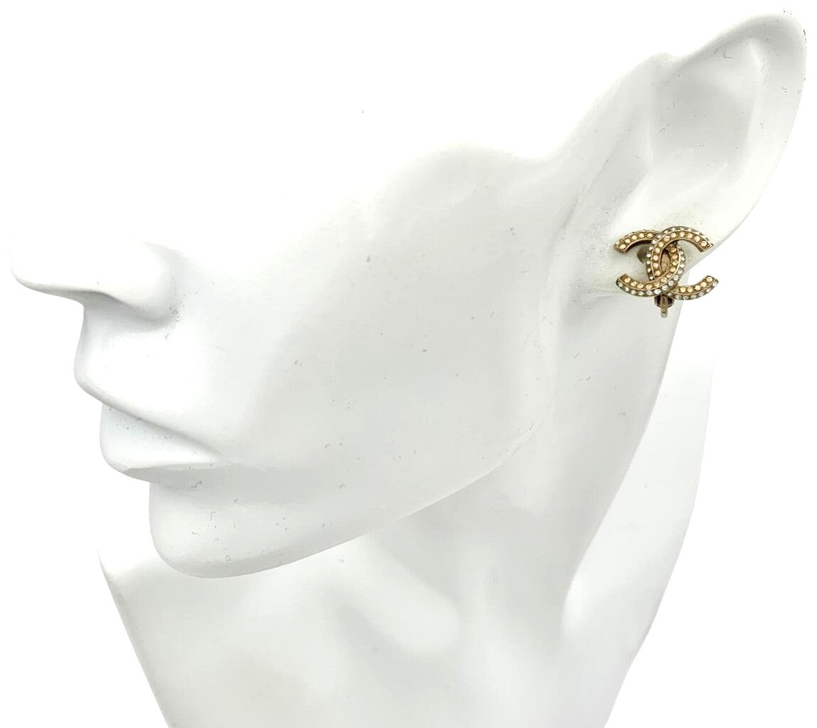 CHANEL CC Logo Earrings 11P Crystal Rhinestone Double Row Gold Tone Authentic