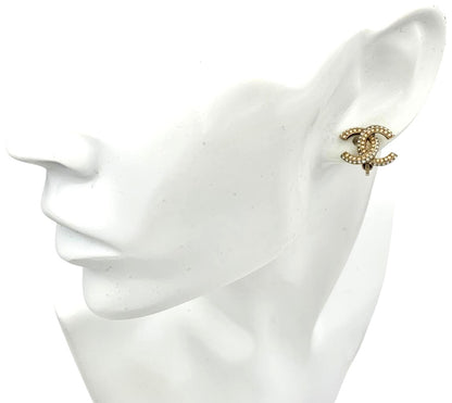CHANEL CC Logo Earrings 11P Crystal Rhinestone Double Row Gold Tone Authentic