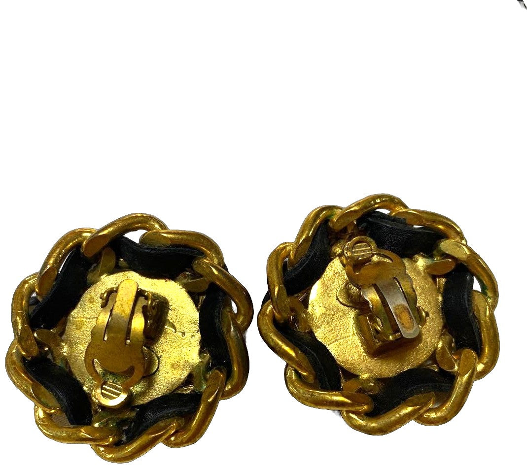 CHANEL CC Logo Chain Leather Clip-On Earrings Gold Black Large 4cm Vintage Used