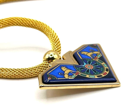 Michaela Frey Wien Enamel Pendant Necklace Blue Gold Mesh Chain 17.7in Austria