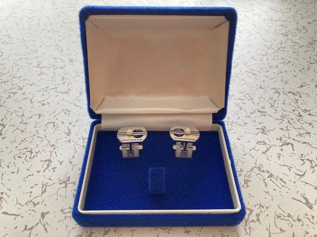 MIKIMOTO Pearl Island Silver Tone Cufflinks with Pearl Vintage Japan Authentic