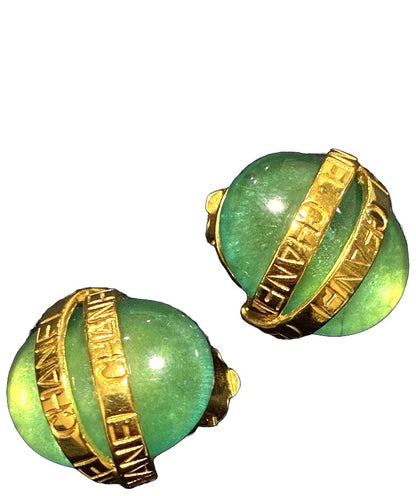 CHANEL Vintage Clip-On Earrings Green Gold Logo Ring Resin Authentic Used