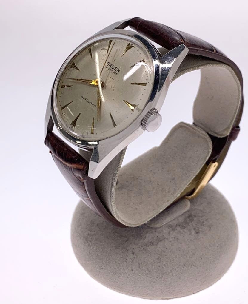 GRUEN Precision Autowind Vintage Automatic Watch Silver Dial Brown Leather Swiss
