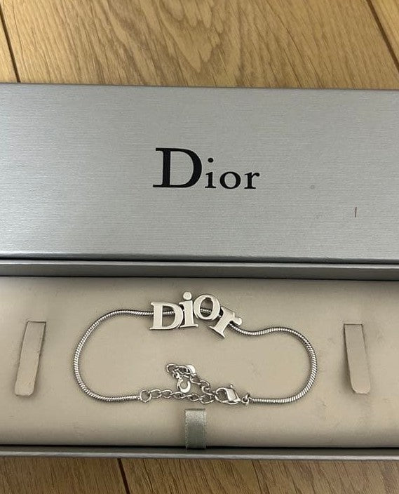 Excellent Christian Dior Silver Tone Logo Snake Chain Bracelet 23cm Adjustable