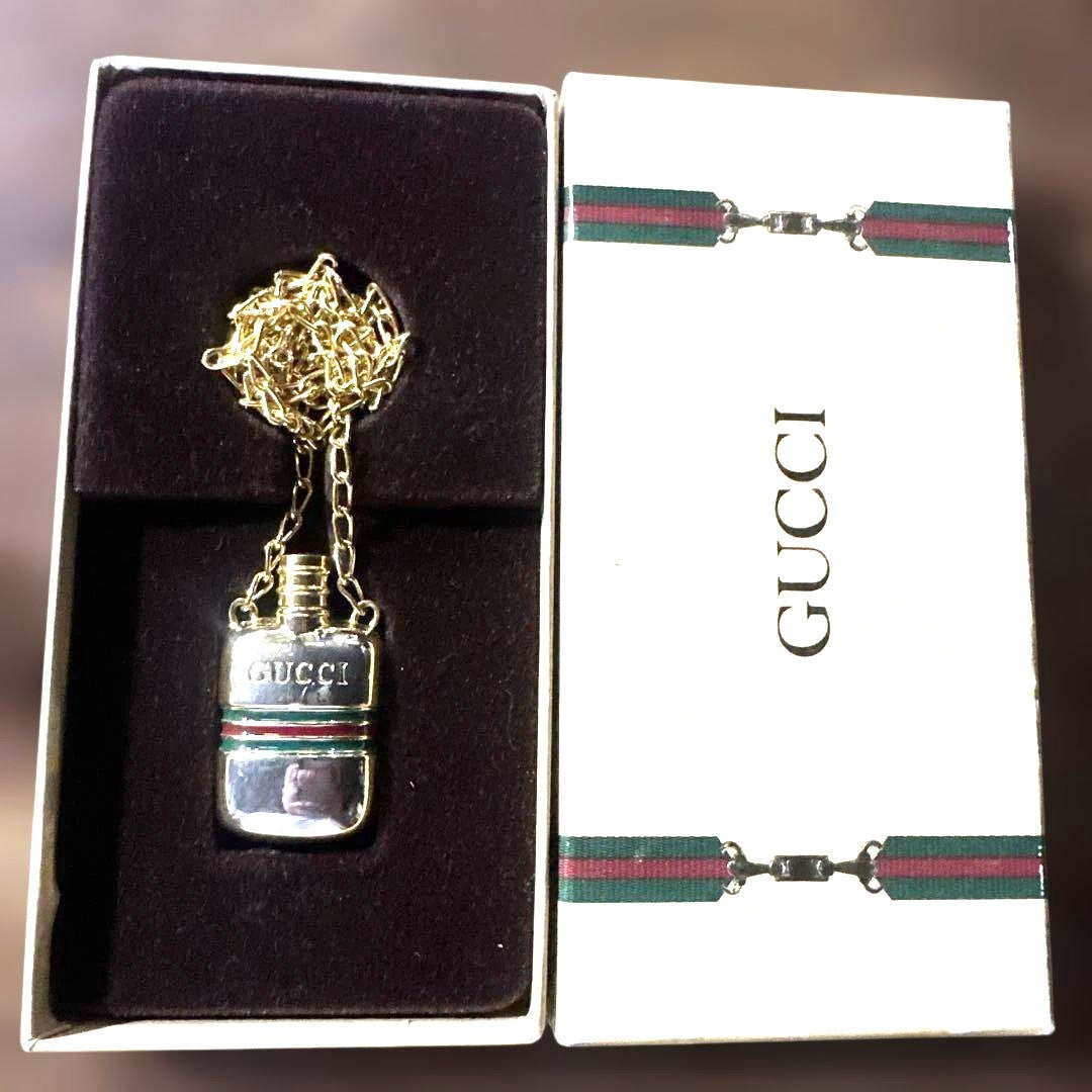 GUCCI Perfume Bottle Pendant Necklace Sherry Line Gold Silver Vintage Authentic
