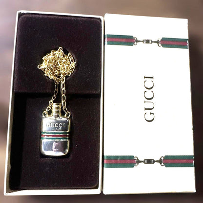 GUCCI Perfume Bottle Pendant Necklace Sherry Line Gold Silver Vintage Authentic