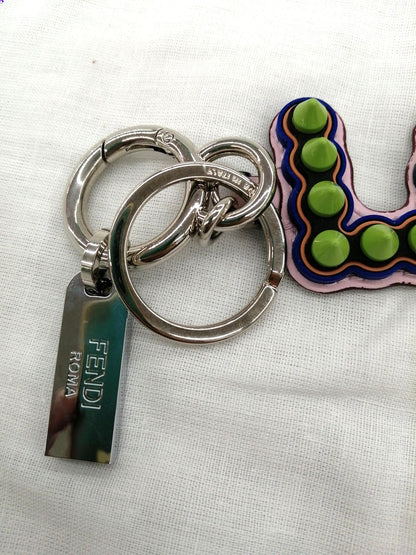 FENDI LOVE Leather Keychain Bag Charm Multicolor Studs Pink Key Ring Italy