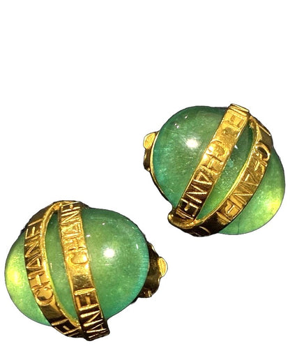 CHANEL Vintage Clip-On Earrings Green Gold Logo Ring Resin Authentic Used