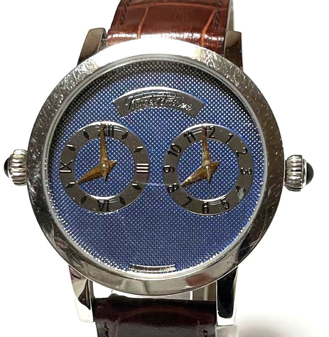 Brooks Brothers Dual Time Zone Quartz Watch Blue Dial Brown Leather Swiss Made