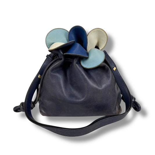 Loewe Flamenco Knot Clutch Shoulder Bag 2Way Navy Blue Floral Pattern Used