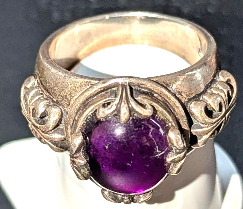 A&G Antique Silver 925 Ring Amethyst Cabochon Purple Stone Ornate VTG US11-11.5