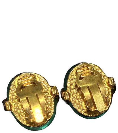 CHANEL Vintage Clip-On Earrings Green Gold Logo Ring Resin Authentic Used