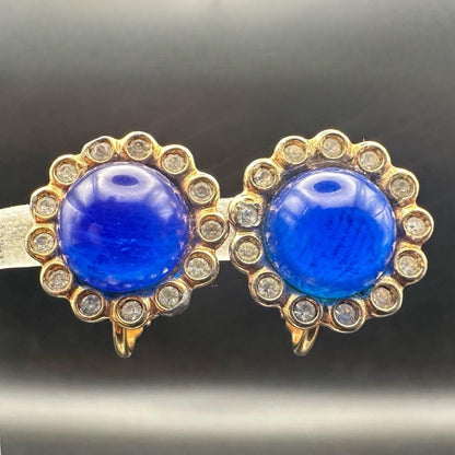 Christian Dior Gold Tone Metal Blue Stone Clip On Earrings 1.5 x 1.5cm